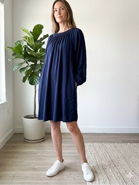 Esprit Navy Blue LENZING™ ECOVERO™ Smocked Shift Dress With Pockets Large NWOT